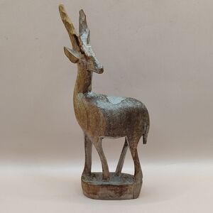 Vintage Rustic Brown Wooden Antelope Or Gazelle Sculpture